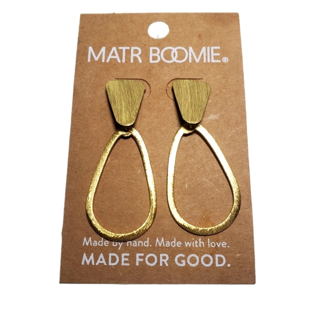 MATR BOOMIE Kaia Teardrop /Oval Hoop Brushed Gold Tone Drop Earrings NWT